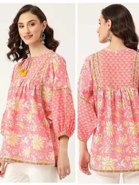 ES by Eswari bohemian cotton peasant top with batwing sleeve, babydoll style, L